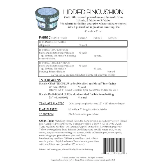 Lidded Pincushion Pattern AT656 by Aunties Two - Project Requirements