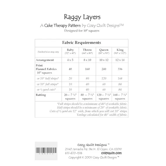 Raggy Layers Pattern by Cozy Quilt Designs - Material Requirements