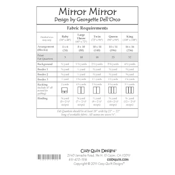 Mirror Mirror Pattern by Cozy Quilt Designs - Material Requirements