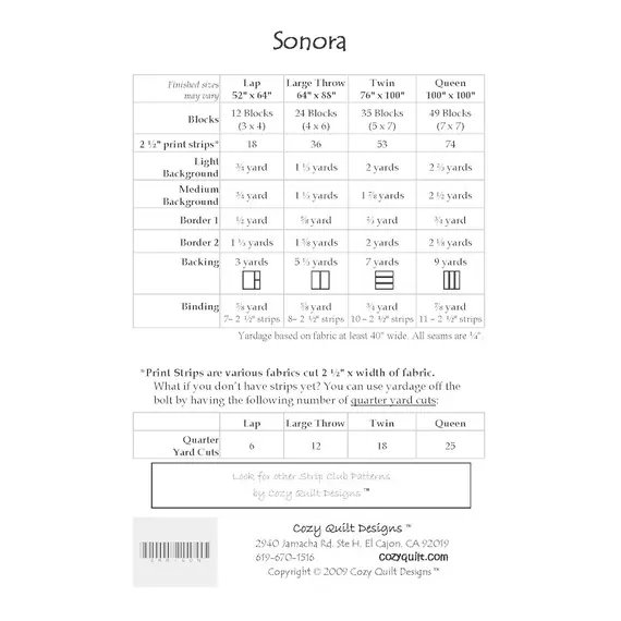 Sonora Pattern by Cozy Quilt Designs - List of Material Requirements