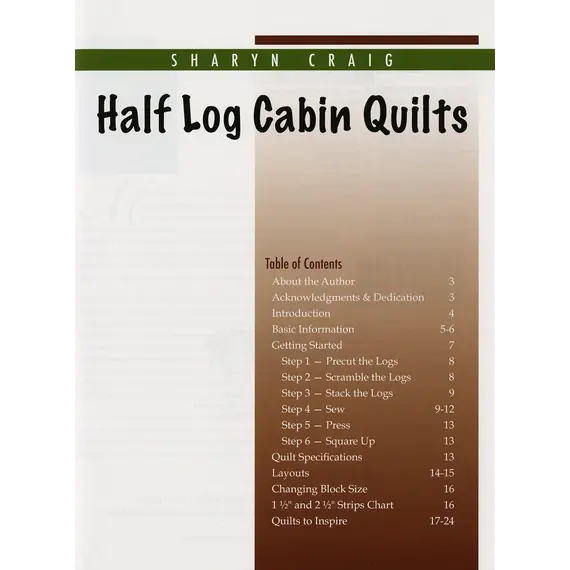 Half Log Cabin Pattern Book by Cozy Quilt Designs - Table of Contents