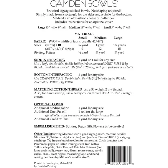 Camden Bowls Pattern by Aunties Two - See Videos - Requirements- project requirements