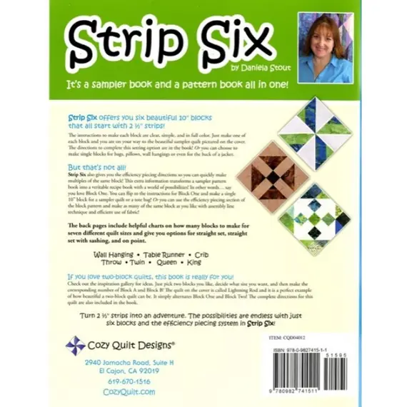 Strip Six Quilt Block Pattern Book by Cozy Quilts - Back Cover