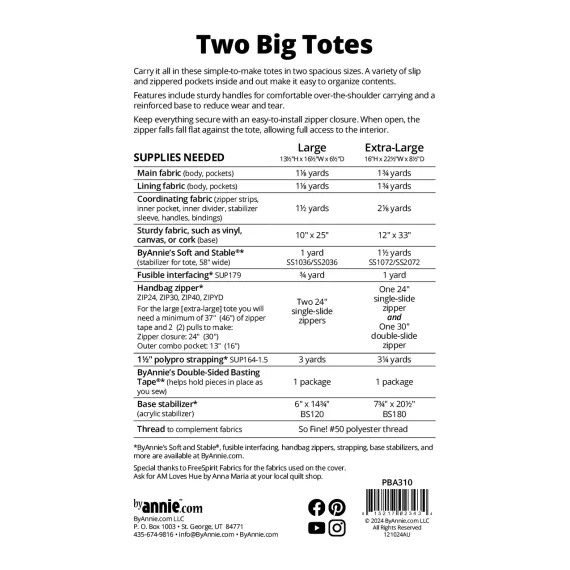 Two Big Totes Pattern by Annie SEE VIDEOS - Pattern Requirements