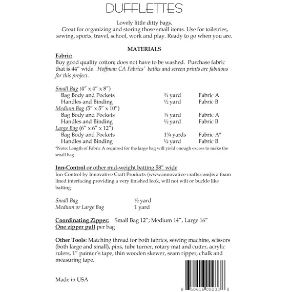 Dufflettes Bag Pattern AT233 by Aunties Two - Product Requirements