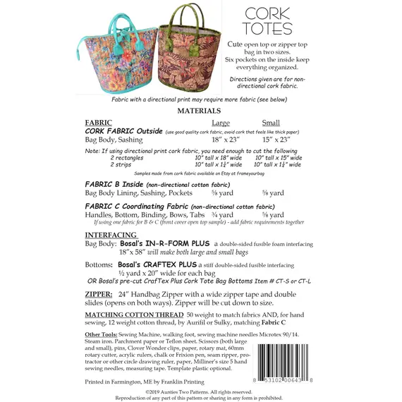 Cork Totes Bag Pattern by Aunties Two - AT643 - Fabric Requirements