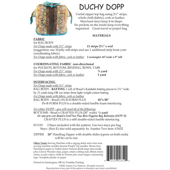Duchy Dopp Bag Pattern by Aunties Two AT654 - Materials List
