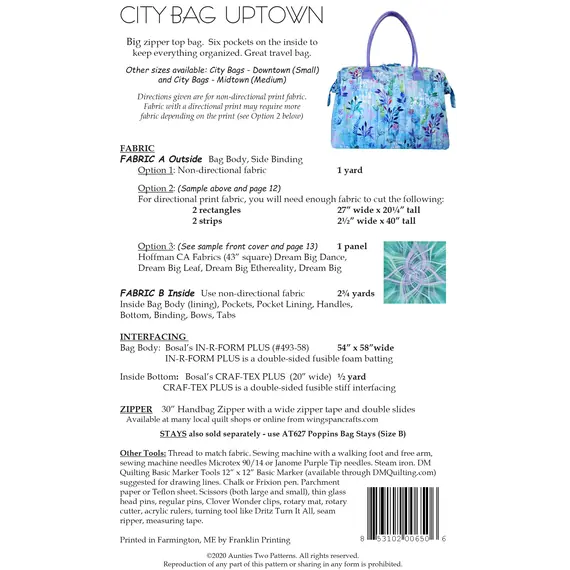City Bag Uptown Pattern by Aunties Two AT650 - Materials List