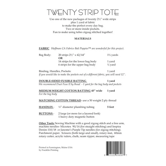 Twenty Strip Tote Bags Pattern AT608 by Aunties Two - Material requirements