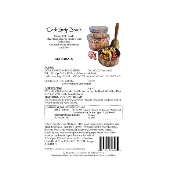 Cork Strip Bowls Bag Pattern by Aunties Two - AT644 - Fabric Requirements