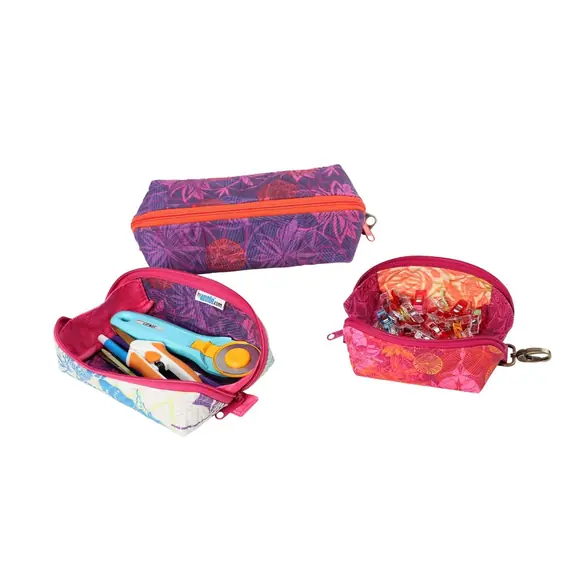 By Annie Drop Zone Zippered Tray Trio Pattern - completed trays showing different sizes with 2 shown open zips