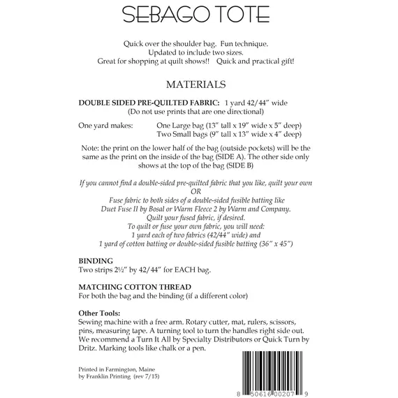 Sebago Tote Bag Pattern AT201 by Aunties Two - Project Requirements