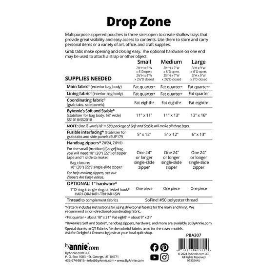 By Annie Drop Zone Zippered Tray Trio Pattern - Supplies Needed