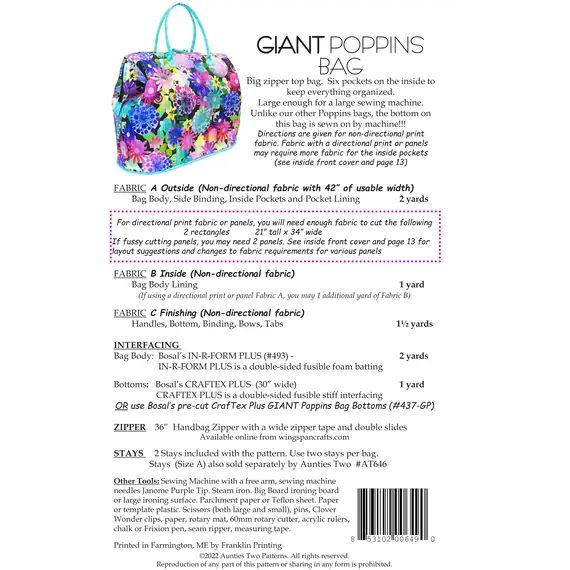 Giant Poppins Bag Pattern by Aunties Two AT649 - Material Requirements