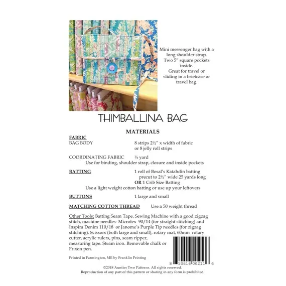 Thimballina Bag Pattern AT211by Aunties Two - Material Requirements