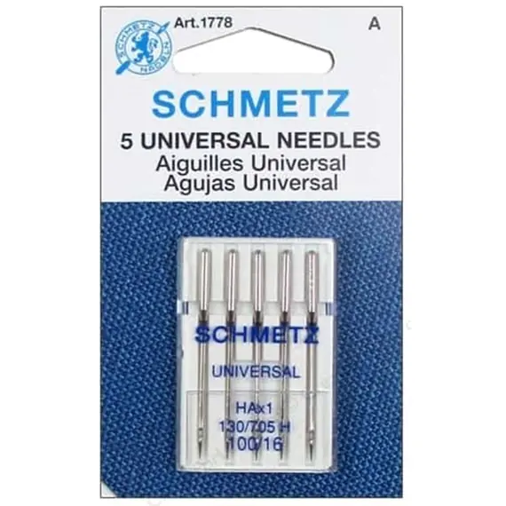 Schmetz 100/16 Machine Needle Universal - packet of 5 needles -  Needles Sized  100/16 are for medium to heavy weight fabrics like denims, corduroy, canvas, duck, suiting and Leather