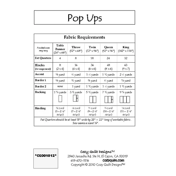 Pop Ups Pattern by Cozy Quilt Designs - Material Requirements