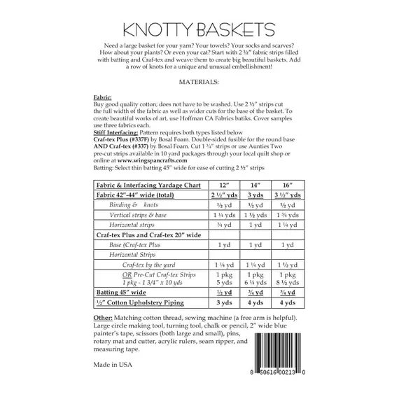 Knotty Baskets Pattern AT213 by Aunties Two - Project requirements