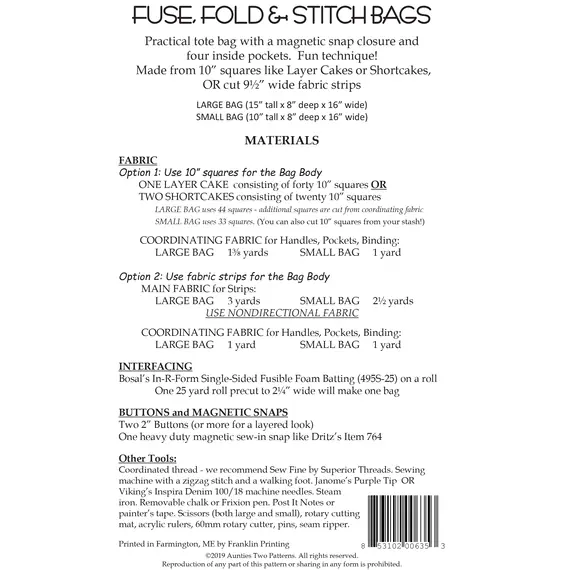 Fused and Folded Box Pattern AT241 by Aunties Two - Project Requirements