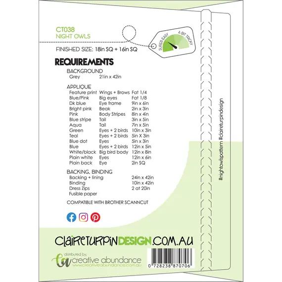 Night Owls Applique Cushion Pattern by Claire Turpin - Bakc Cover and Fabric Requirements