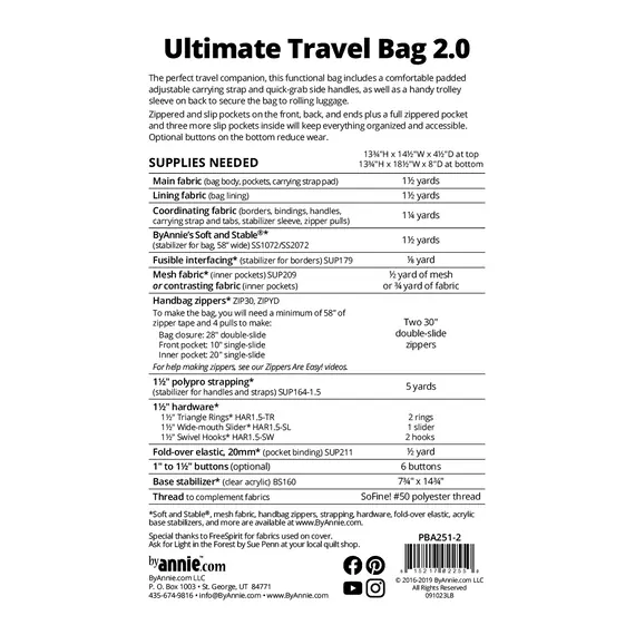 By Annie Ultimate Travel Bag 2.0 Pattern Pattern - Supplies Needed