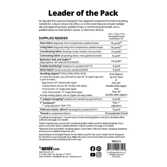 By Annie Leader of the Pack Bag Pattern - Supplies Needed