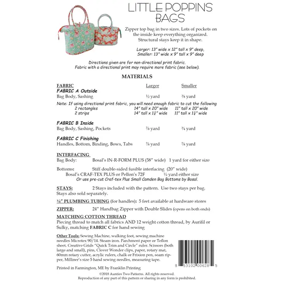 Little Poppins Bags Pattern by Aunties Two AT628 - Materials List