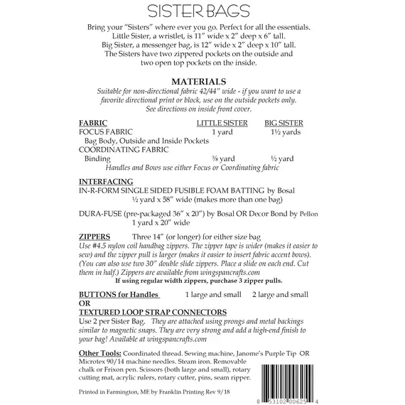 Sister Bag Pattern AT625 by Aunties Two - Project Requirements