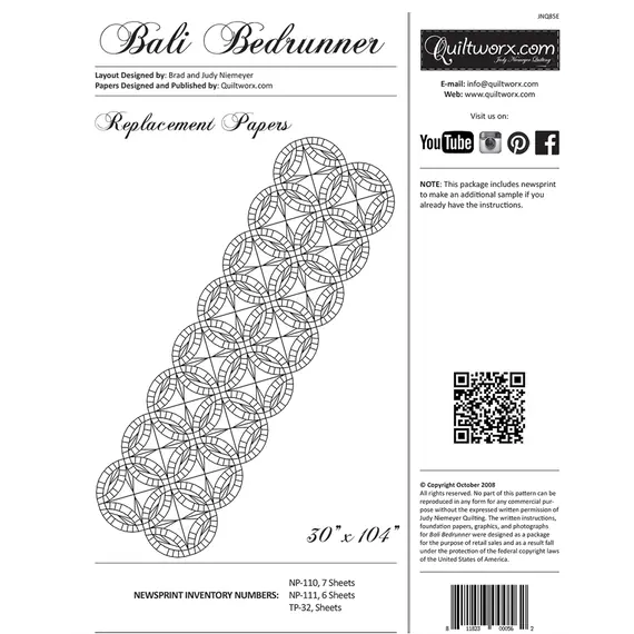 Bali Bed Runner Pattern Replacement Papers Only by Judy Niemeyer Quiltworx - Image of Replacement Paper Packaging