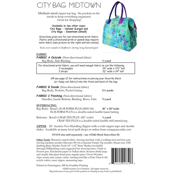 City Bag Midtown Pattern by Aunties Two AT651 - Project Requirements