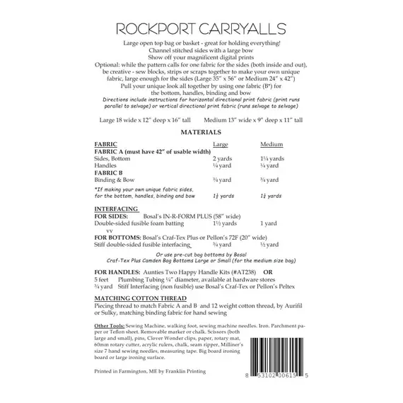 Rockport Carryalls Bag Pattern AT615 by Aunties Two - Project Requriements