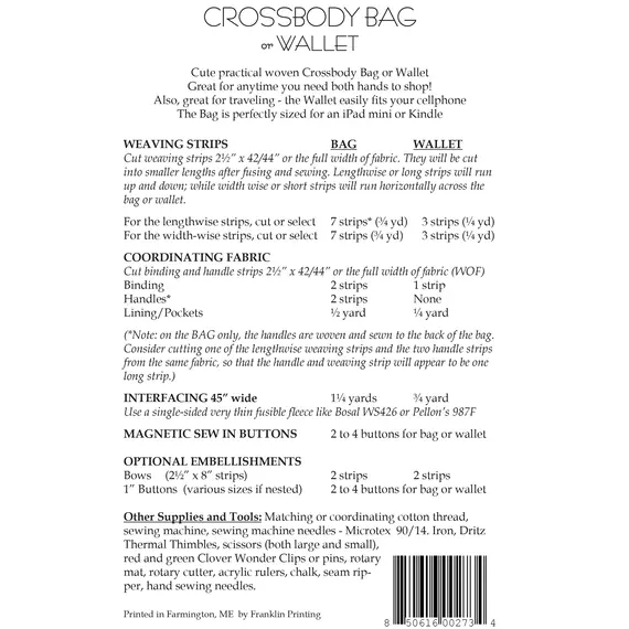 Crossbody Bag or Wallet Bag Pattern AT273 by Aunties Two - Project Requirements