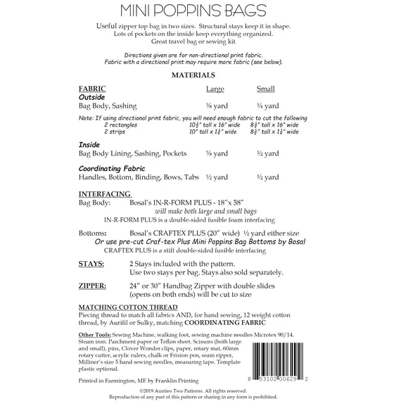 Mini Poppins Bags Pattern by Aunties Two AT629 - Materials List