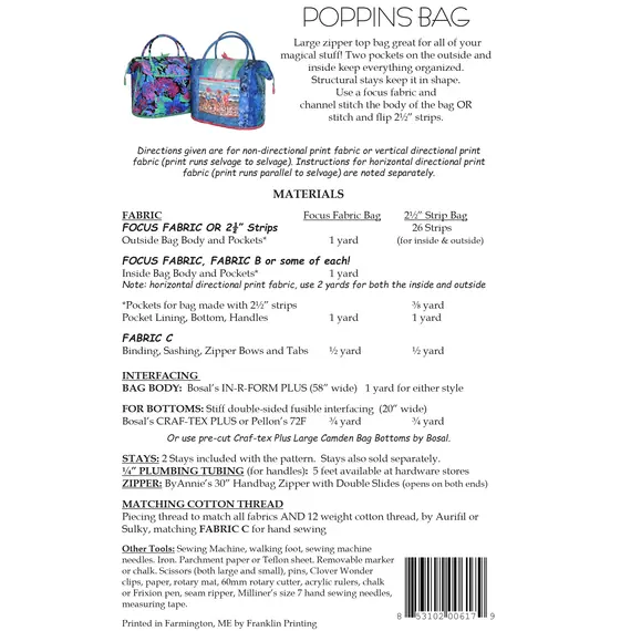 Poppins Bag Pattern by Aunties Two AT617 - Materials List