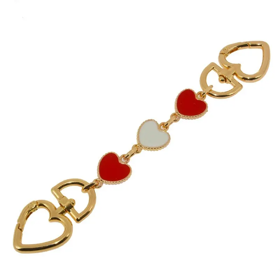 Heart Bag Handle Extenders Red and White Hearts and Gold Colour Metal 17cm Long