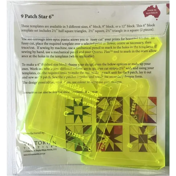 9 Patch Star 6 Inch Patchwork Template - Matilda's Own