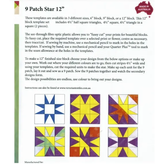 9 Patch Star 12 Inch Patchwork Template - Matilda's Own - Sewing Buddies Australia