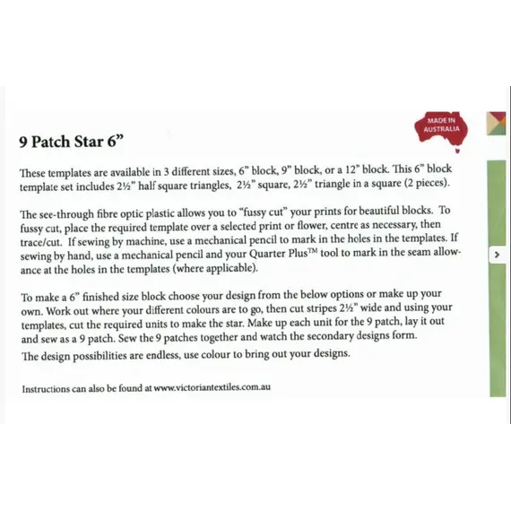 9 Patch Star 6 Inch Patchwork Template - Matilda's Own