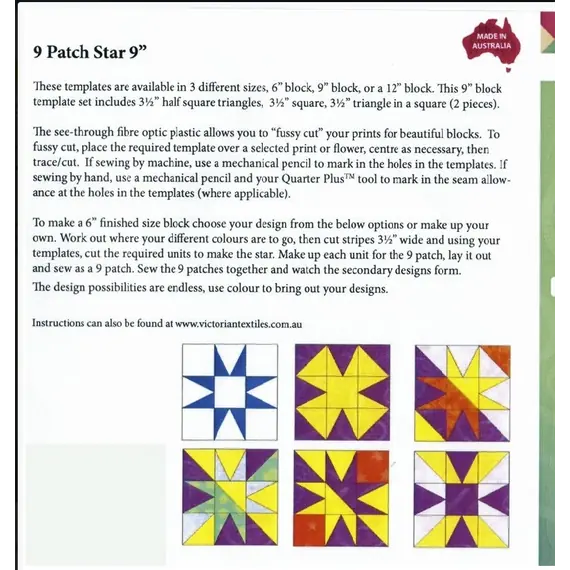 9 Patch Star 9 Inch Patchwork Template - Matilda's Own