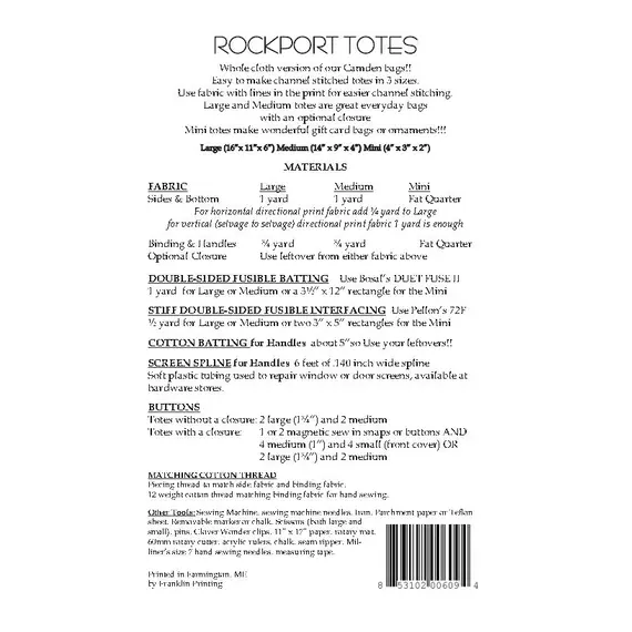 Rockport Totes bag Pattern by Aunties Two