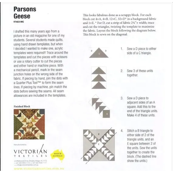 Parsons Geese Patchwork Template Meredithe Clark Signature Collection